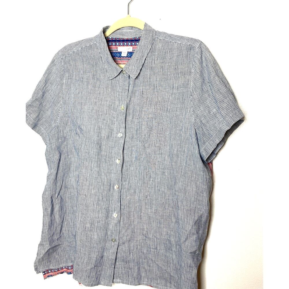 J Jill Linen Blue White Striped Short Cap Sleeve Button Down Floral Back Top LP - Picture 9 of 12